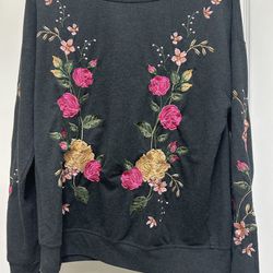Kut from the Kloth Charcoal Gray Rose Embroidered Long Sleeve Top, Women’s Small