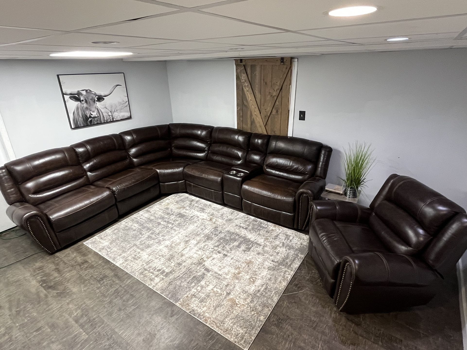 RTG Powered Genuine Leather Sectional And Matching Recliner