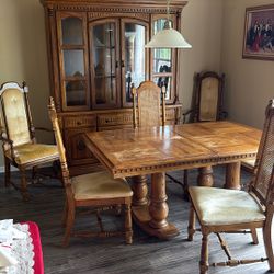 Wood Dining Room Table, Chairs, Hutch
