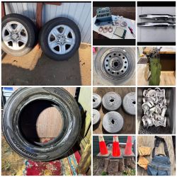 Wheels , tires , golf clubs, cones, tool bag, fence parts an a lot more 