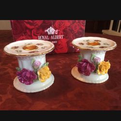 sets of ROYAL ALBERT OLD COUNTY ROSES candle holders Floral Pillar Taper Holder) each set