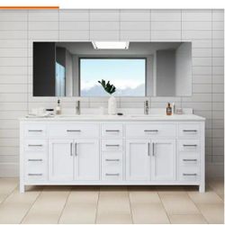 New In Box Wyndham Beckett 84" Double Vanity White w/Carrera  Marble Countertop And Extra Sidesplash