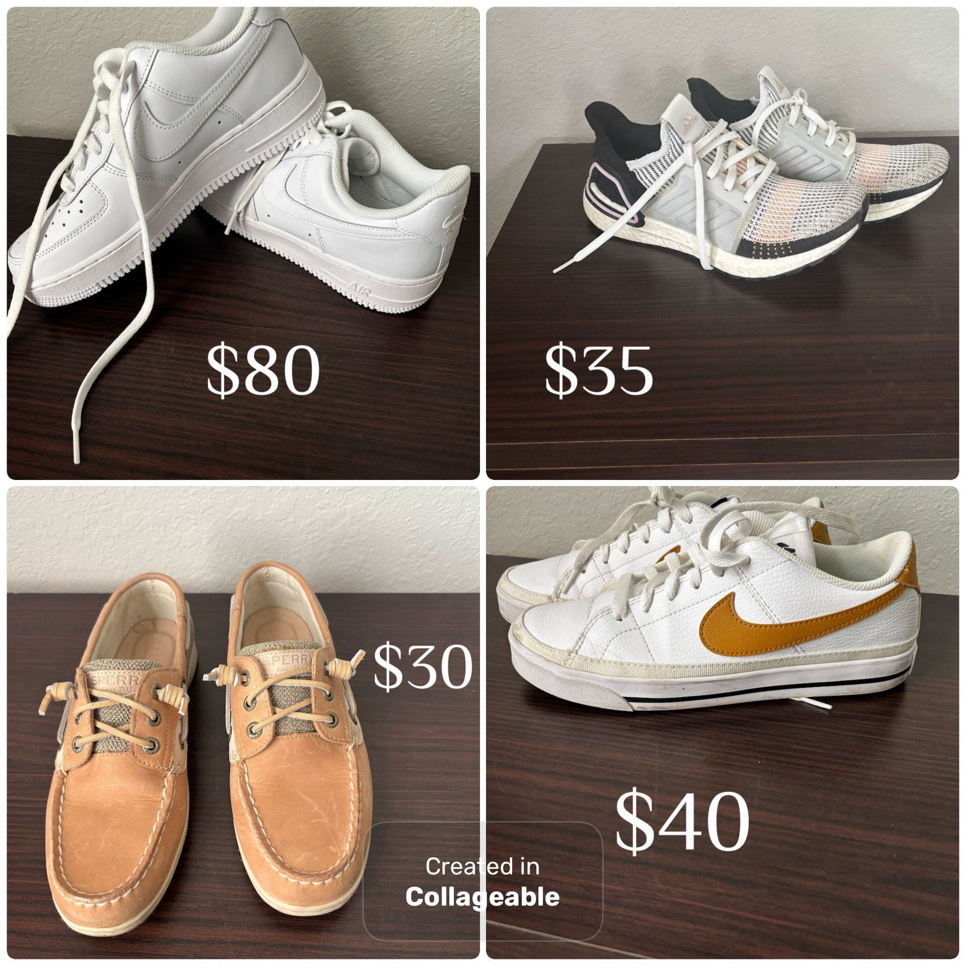 Brand New Nike Air Force 1, Size 8, $80 OBO, Adidas, Worn Few Times, Size 7.5 Y, Sperrys, Size 7, $30 All Sneaker In Mint Condition, Send Offers