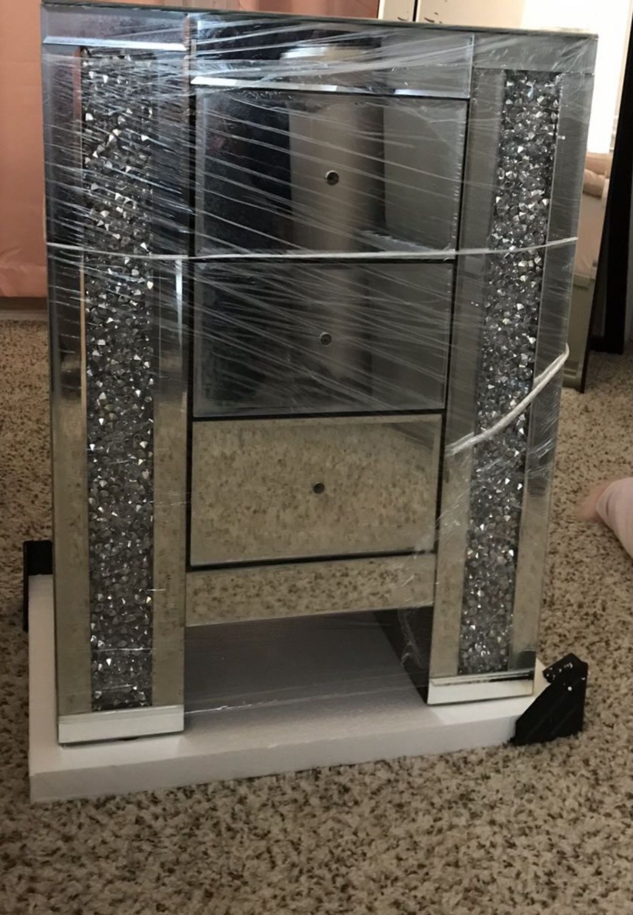 3 Drawer Crystal Beaded Mirrored Nightstand