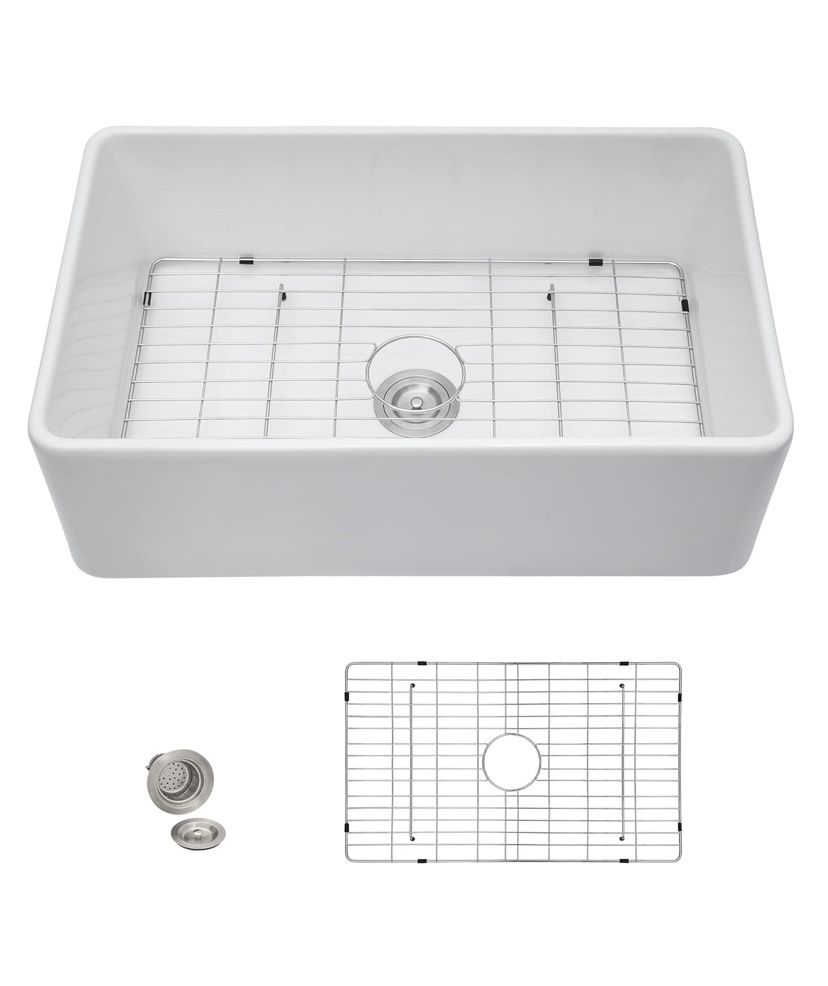New Classico Farmhouse Apron Front Fireclay 30 in. Single Bowl Kitchen Sink with Protective Bottom Grid and Strainer in White