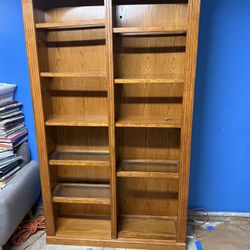 Oak Wood Book Case With Lights And Glass Shelves