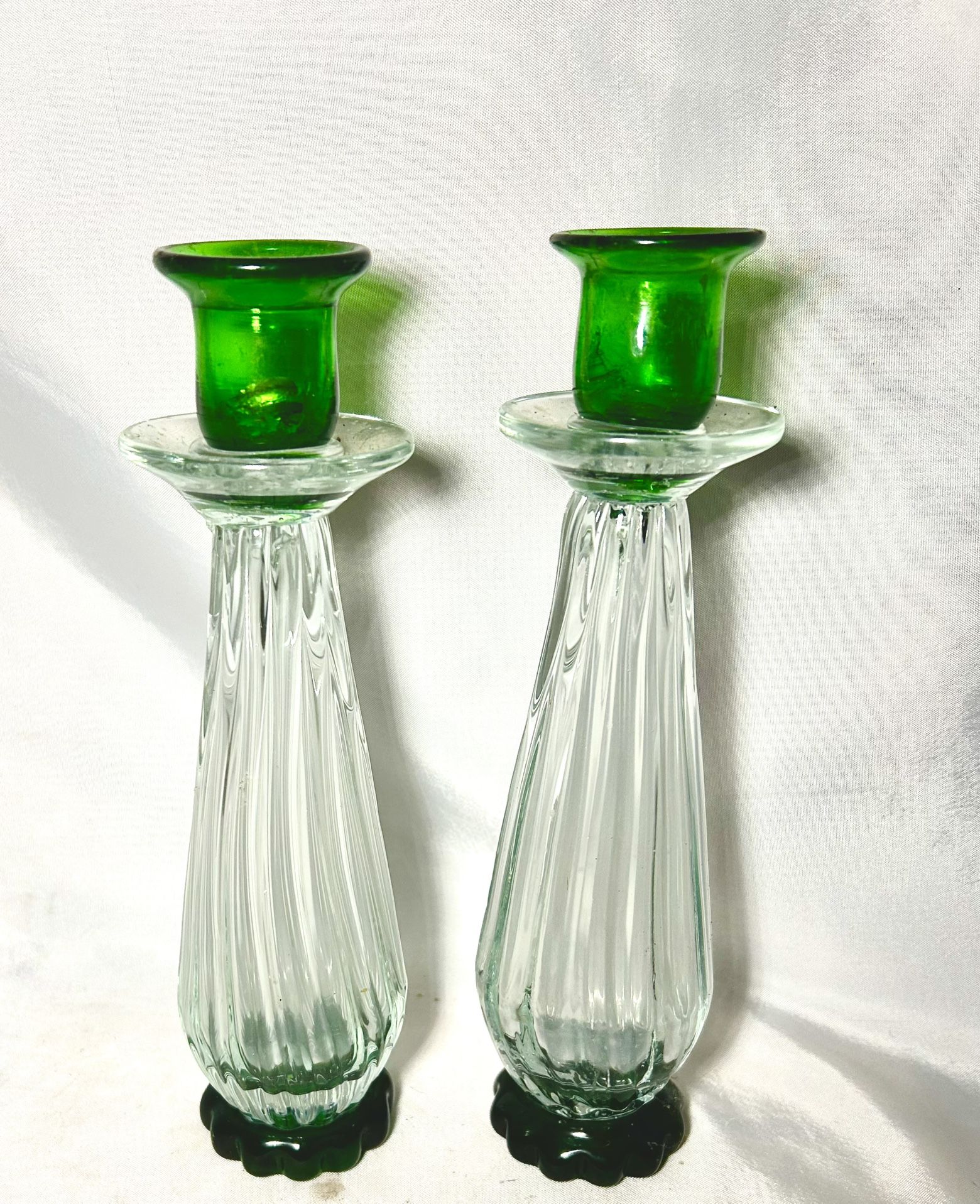 Pair Of Emerald Green And Clear Glass Candlesticks