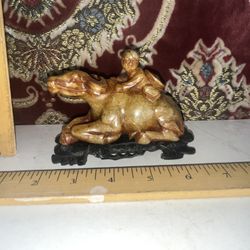Vintage Chinese Carved Stone Sculpture Man On Oxen