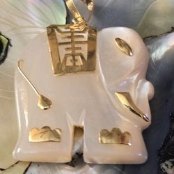 14 KARAT GOLD Designer Handcarved MOTHER OF PEARL Elephant Pendant
