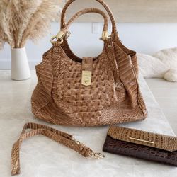 Brahmin Croc Embossed Satchel + Wallet + Strap