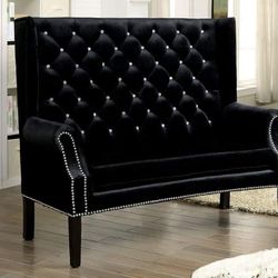 GLAM STYLE BLACK Wingback Design BENCH HALL SEATING ACCENT Crystal-like Acrylic Buttons Flannelette Fabric