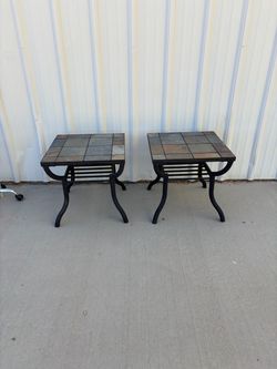 Pair of Slate Tile Top Patio Side Tables