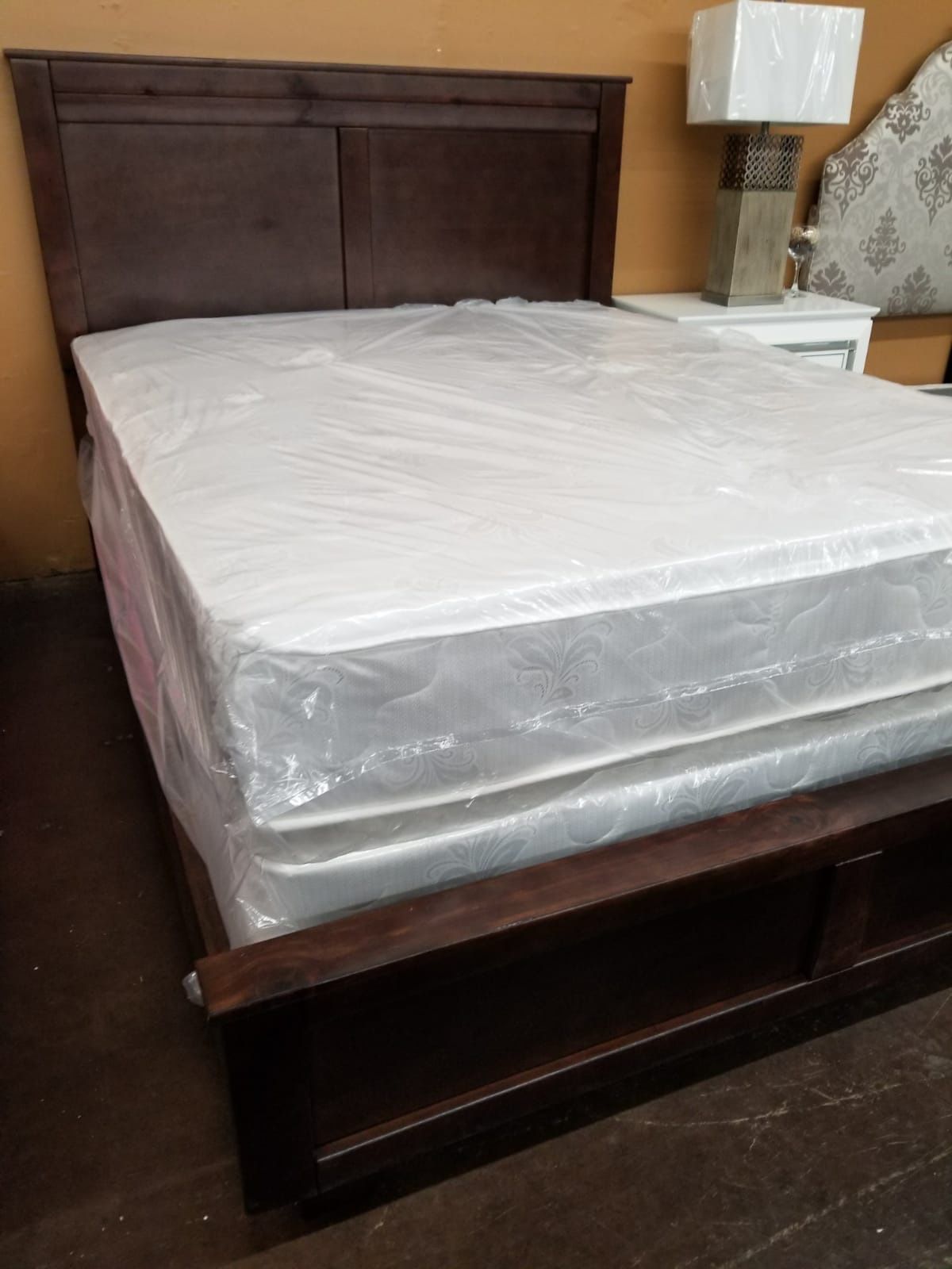 Queen size solid wood panel bed with a queen foam mattress set