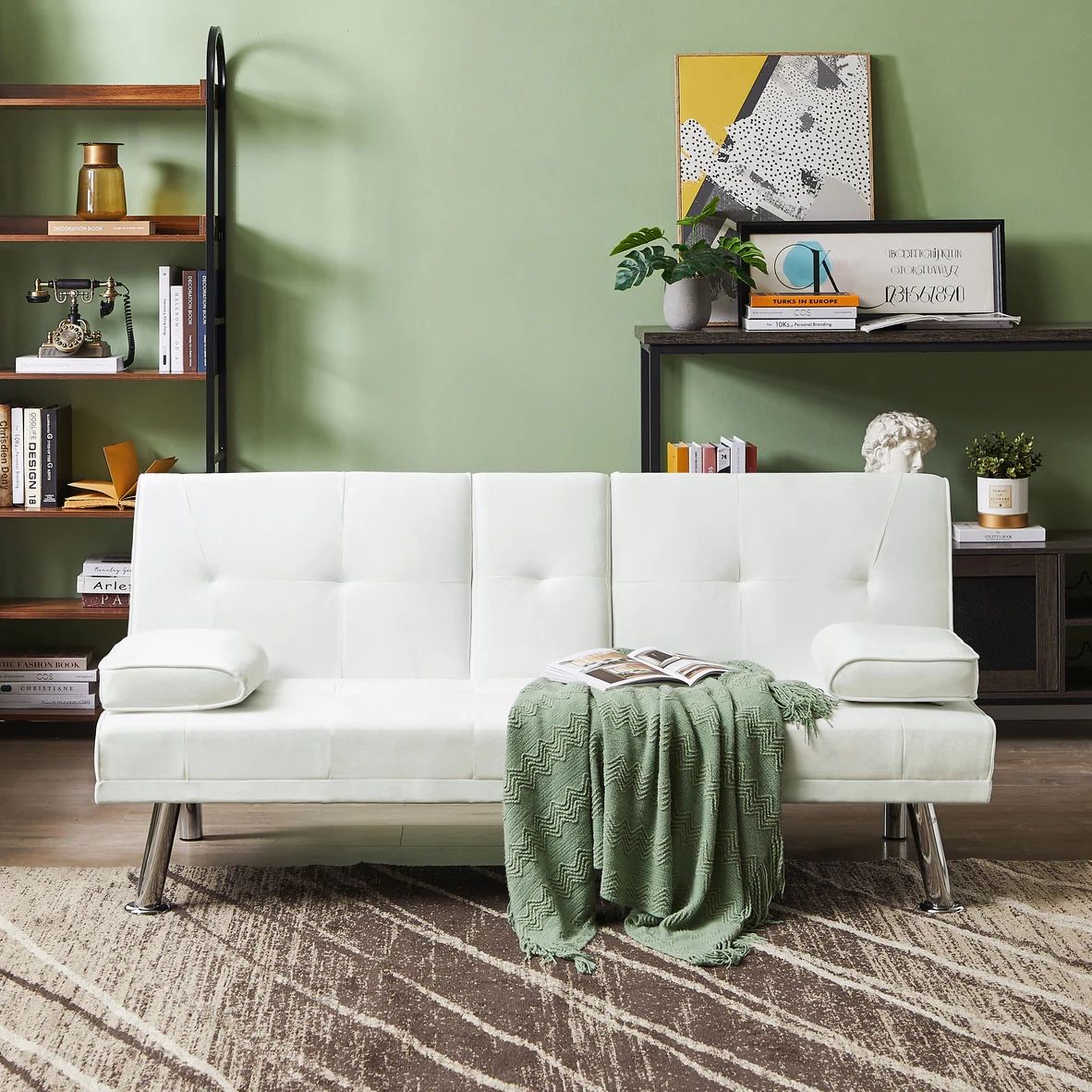 New in box Beige Velvet Modern Convertible Folding Futon Sofa Bed