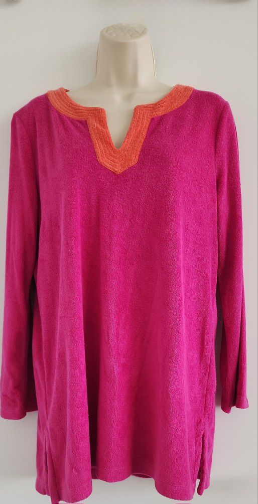 Talbots NWT Pink Terry Cloth Tunic V Neck Pullover Top | Medium