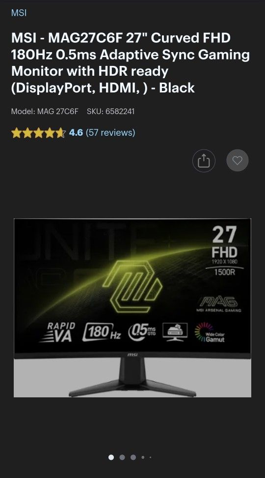 MSI Gaming Monitor- MAG27C6F 27" Curved FHD 180Hz