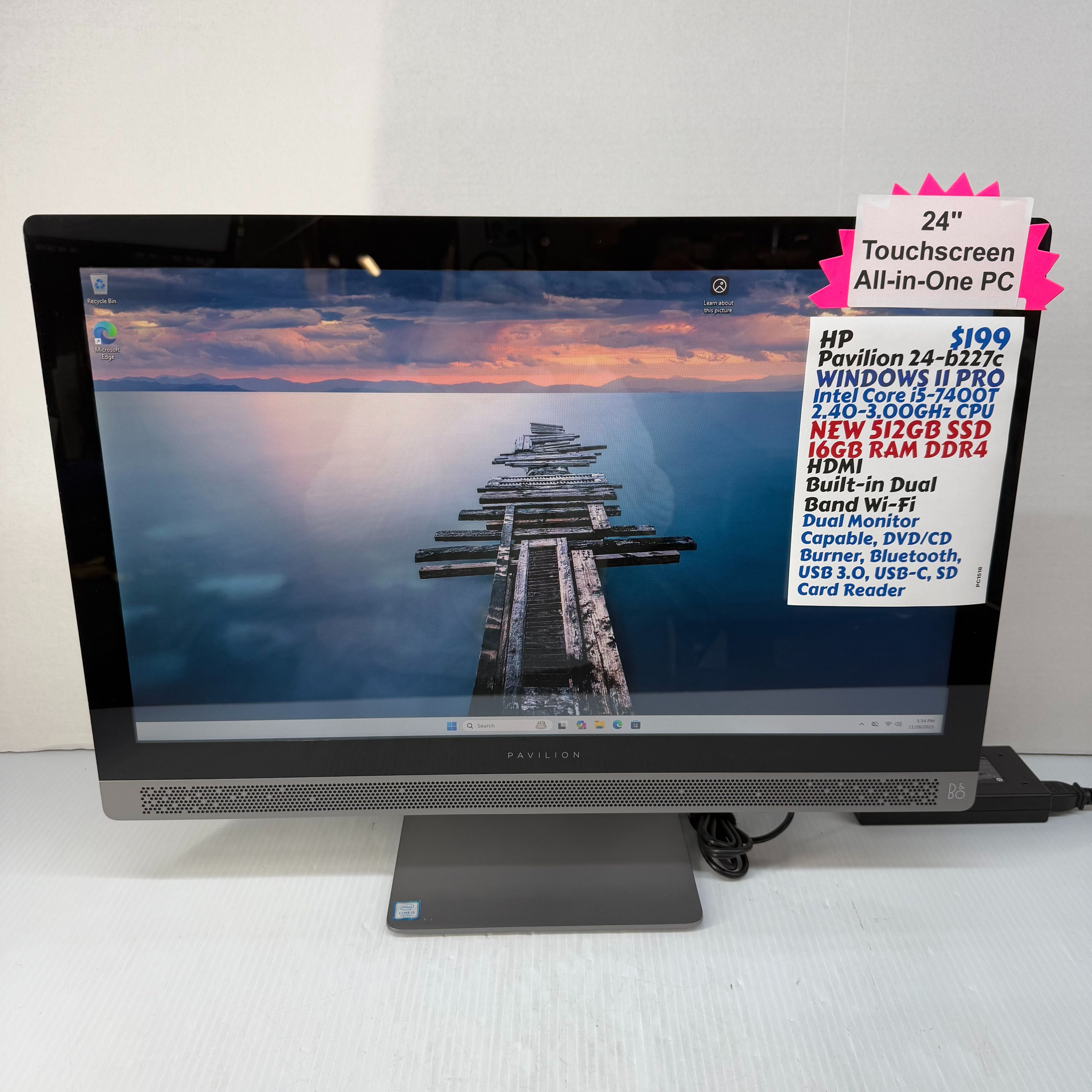 HP Pavilion 24-b227c 24" Touchscreen All-in-One PC i5-7400T Windows 11 Pro PC NEW 512GB SSD 16GB RAM