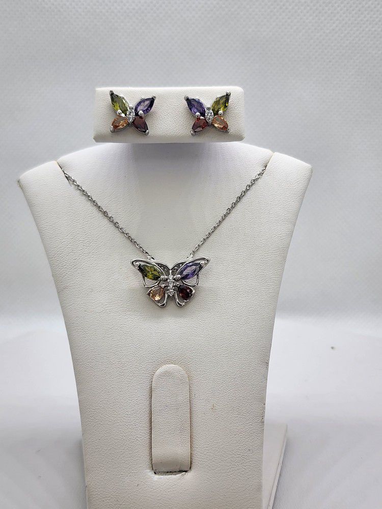 Brand New Sterling Silver 925 Multi Color Butterfly 2pcs Set 