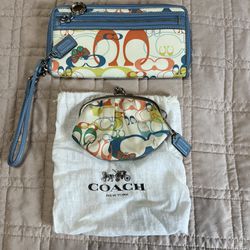 Coach Multi-Colored Butterfly Logo Wristlet And Matching Coin Purse 