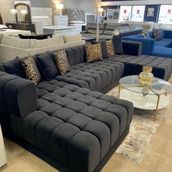 Brand New/ Black Velvet Double Chaise Sectional, Seccional, Couch 