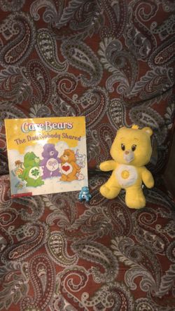 NEW Sunshine Care Bear plush with tags and a Care Bear book and small figurine