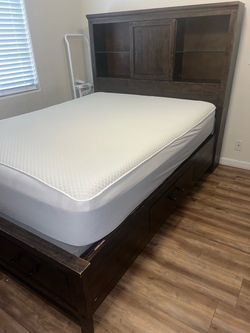 Dark Wood Bed Frame, Nightstand & 8 Drawer Tall Dresser With Mirror