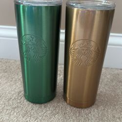 Starbucks Stainless Steel Insulated Tumblers Green Gold 20oz Set of 2 With Lid