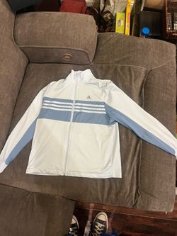 Adidas, sports jacket, powdered blue with blue stripes, and US Medium