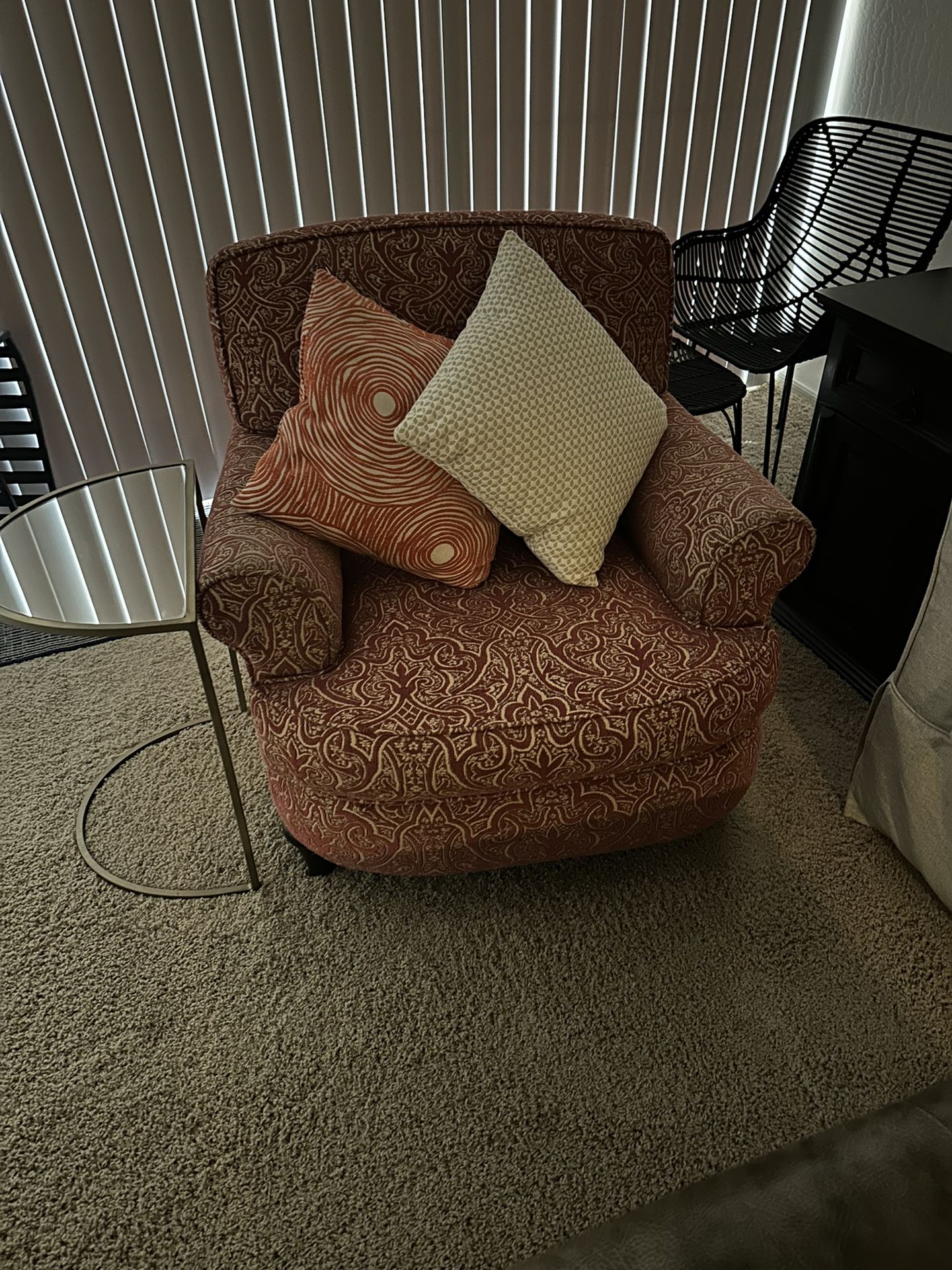 Moving sale, beige couch, two upholstered chairs, red ottoman