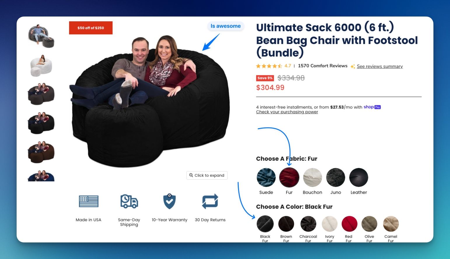 Ultimate Sack 6000 (6 ft) Beanbag Chair With Footstool