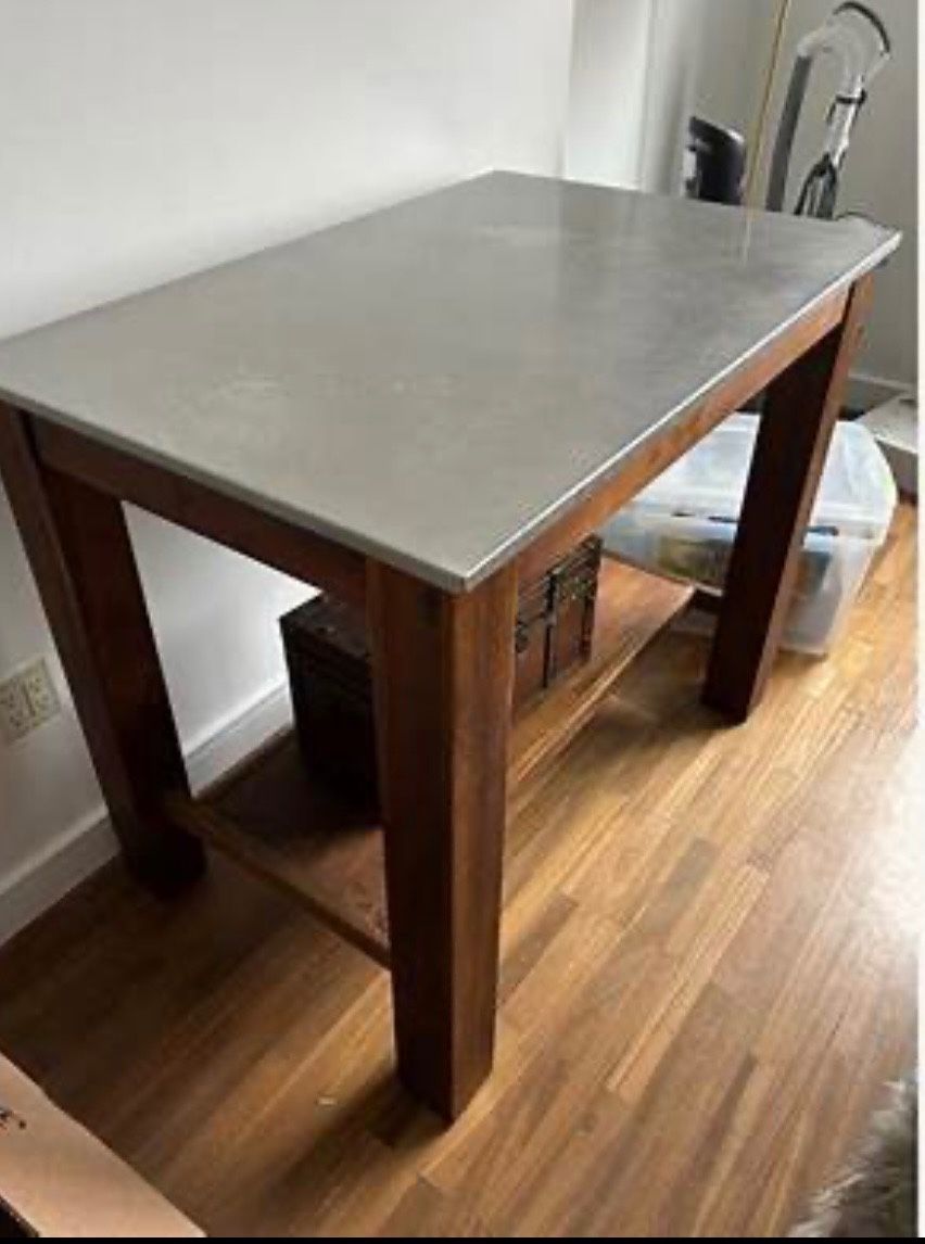 West Elm Kitchen Island, Acacia Wood/Steel With 2 High Top Bar Chairs