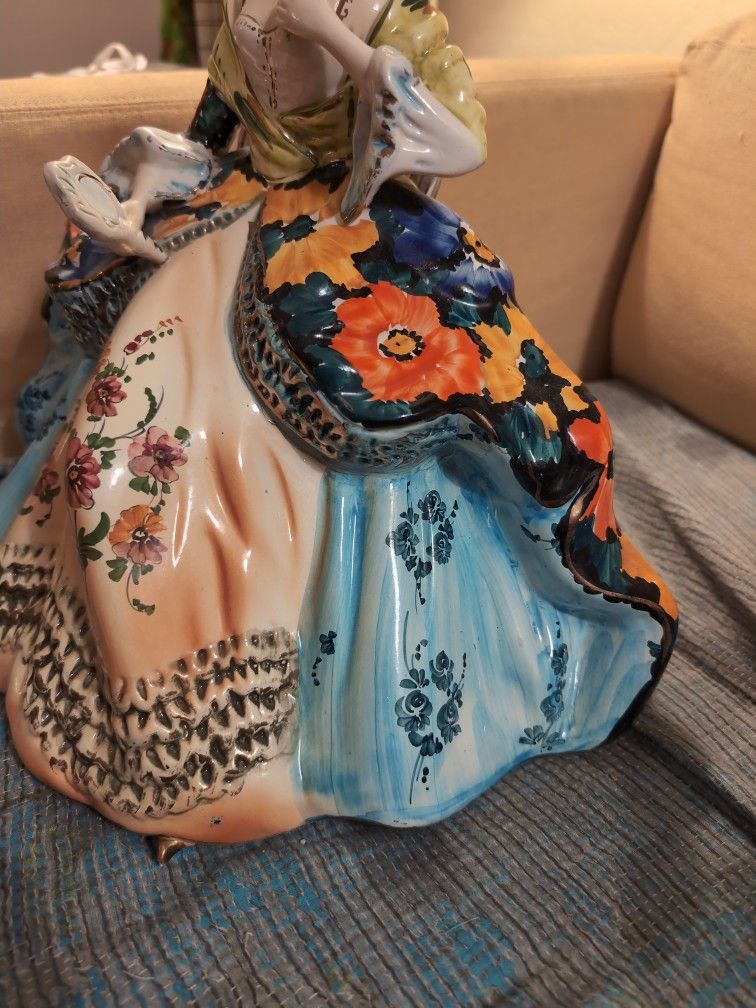 1930s Large Victorian Lady Figurine Sitting on Vanity Stool 15 Inches Tall and Wide