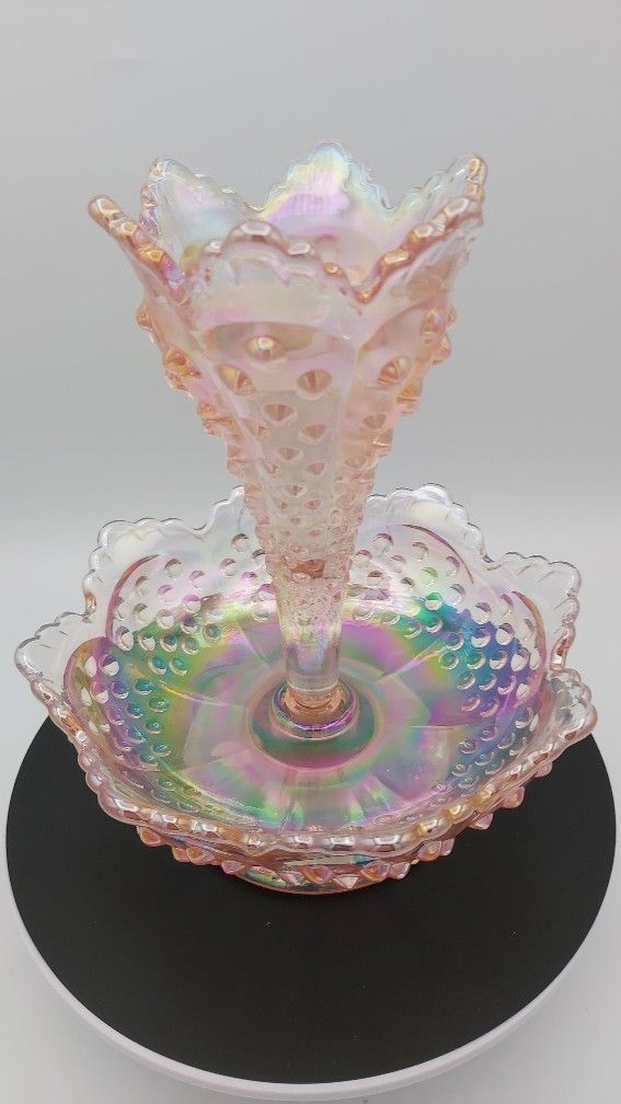 Gorgeous Vintage Fenton Pink Iridescent Hobnail 1-Horn Epergne With Original Sticker & Stamp (Rare)