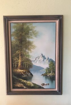 Framed Outdoors Mountain Painting 43" x 31" Art