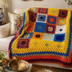   Vintage Handmade Granny Square Crochet Throw Blanket Grandmillennial Boho 43x43” Accent Mid Century 1970’s Retro Bohemian Granny 