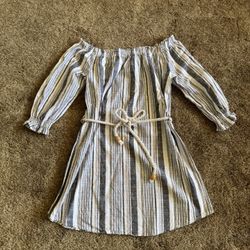 White, cream and grey striped, off the shoulder dress with adjustable waist tie; excellent condition and SO CUTE!