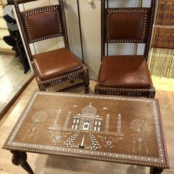 Indian Inlaid table with Taj Mahal motif & 2 chairs