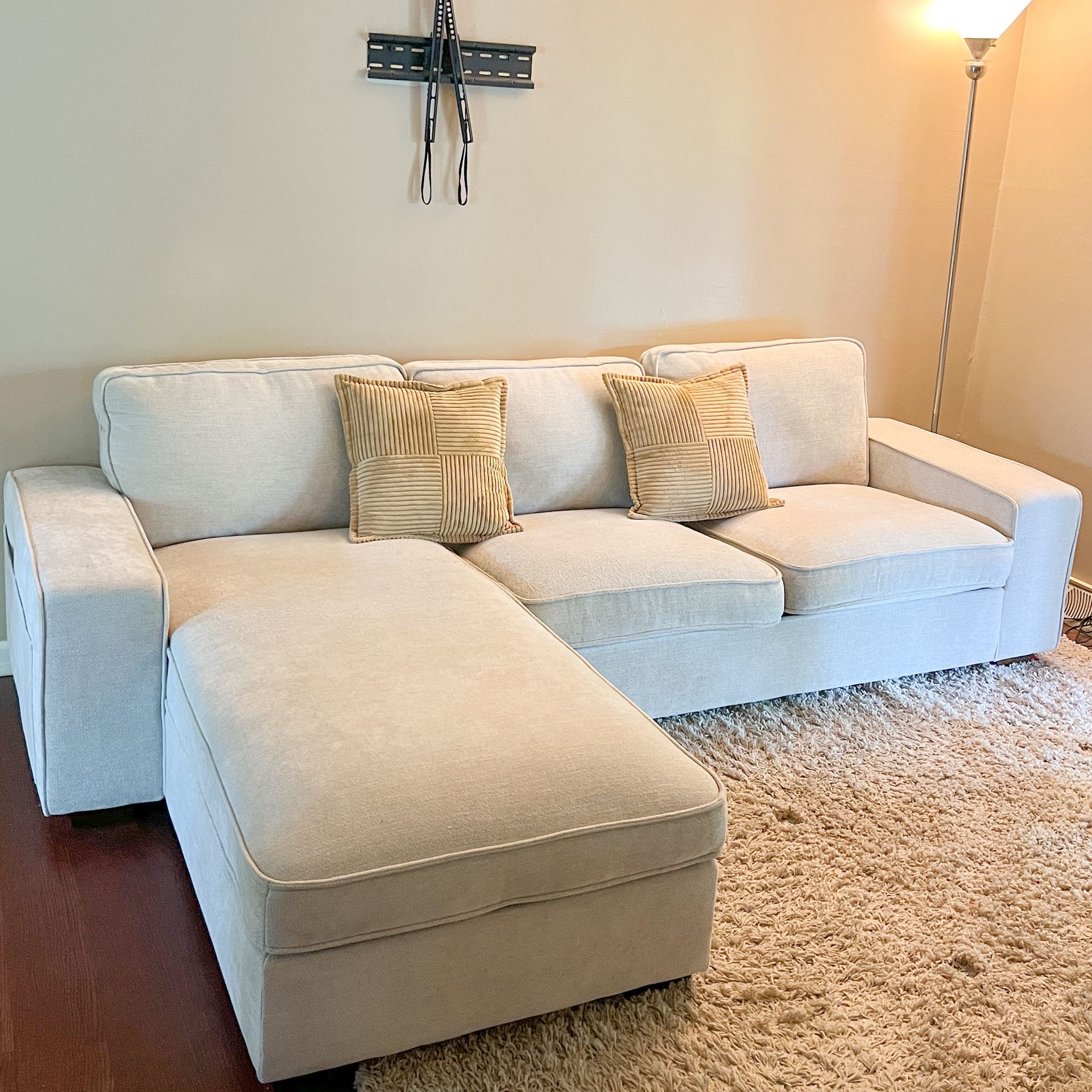 Beige Sectional Couch with Chaise and Hidden Storage – Includes Pillows