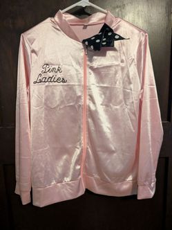 F49) Lixinya Women's 50s Ladys Pink Satin Jacket Jacket with Neck Scarfs Halloween Cosplay Costume (Small)