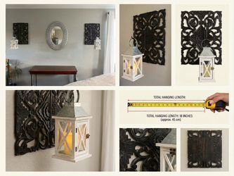 Pair of Rustic Farmhouse Hanging Wall Sconces – Carved Panels & Lantern Set