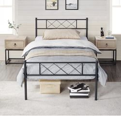 Twin Metal Platform Bed Frame Mattress Foundation with Headboard and Footboard No Box Spring Needed Under Bed Storage Steel Slats Black