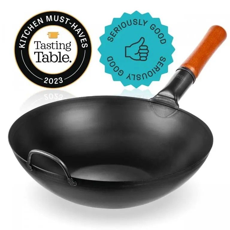 YOSUKATA 13.5-inch Pre-Seasoned Black Carbon Steel Wok Flat Bottomed