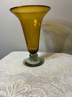 Vintage Amber Hand-Blown Glass Trumpet Vase on Pedestal stool