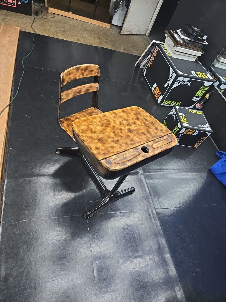 Vintage Child's School Desk Flip Top attached swivel seat Oak Wood Top | Steel Frame