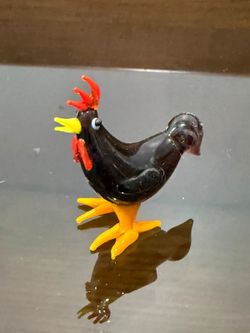 Vintage Miniature Hand Blown Glass Chicken Figurine Black Rooster 1 Inch