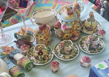 Whimsical Ceramic Bunny Rabbit Tea Set and Figurines