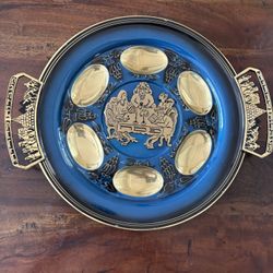 Vintage Collectible Seder Judaica Passover Plate Exodus Brass and Blue Enamel