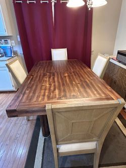 Solid Wood Dining Table with Leaf & 4 Upholstered Chairs – Excellent Condition – $400