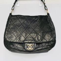 Authentic CHANEL Seasonal Flap Hobo With Distressed GLAZED Calfskin SHW