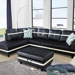 New Black Faux Leather Sectional With Storage Ottoman 